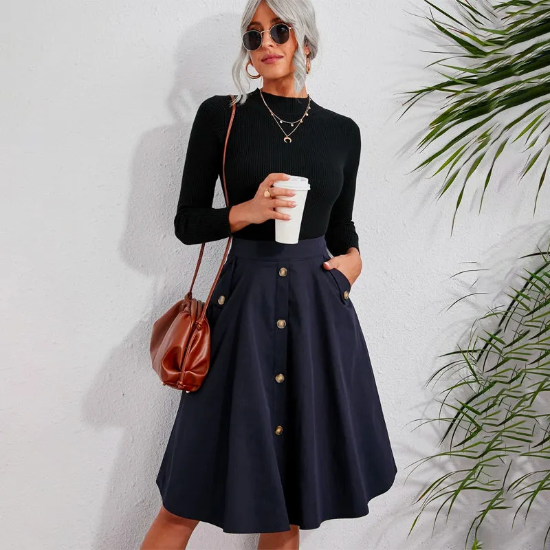 Solid Single Breasted Flare Skirt