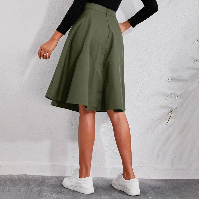 Solid Single Breasted Flare Skirt