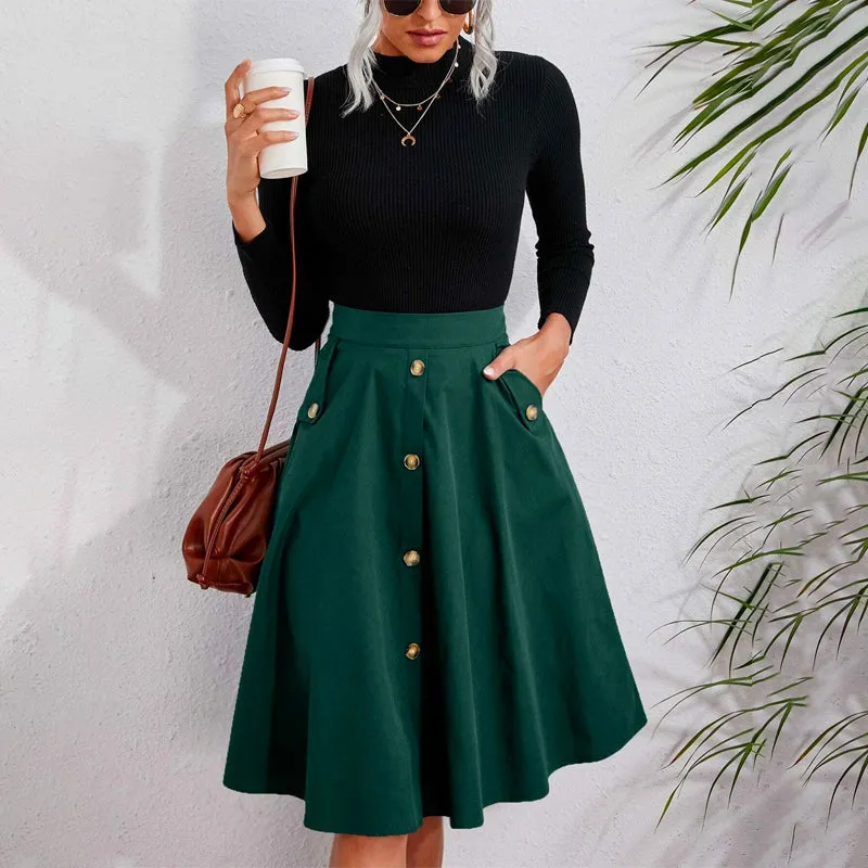 Solid Single Breasted Flare Skirt