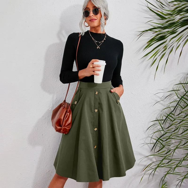 Solid Single Breasted Flare Skirt