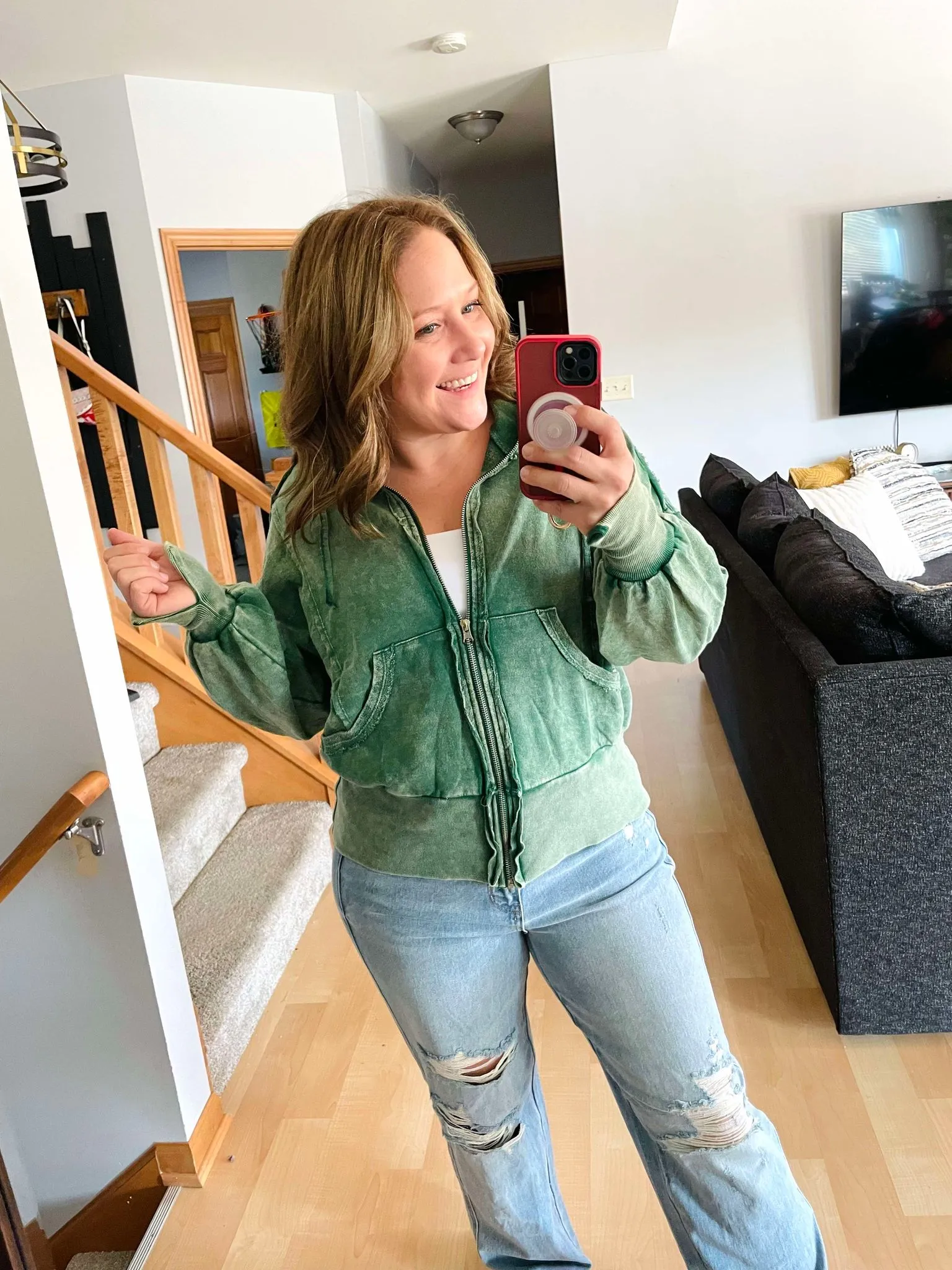 Stone Washed Zip Up Hoodie in Dark Green