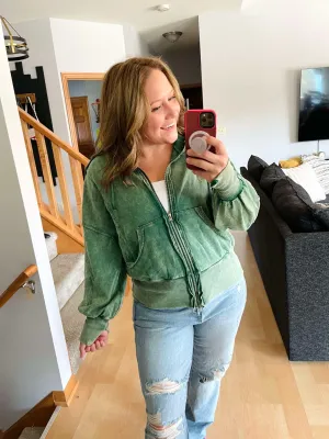Stone Washed Zip Up Hoodie in Dark Green