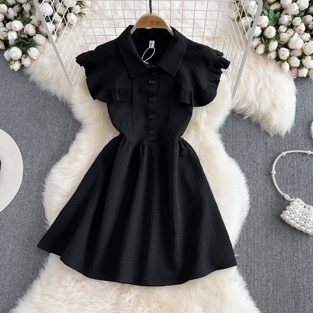 Summer Black Chic Ruffled A Line Dress Sleeveless Skirt 1285