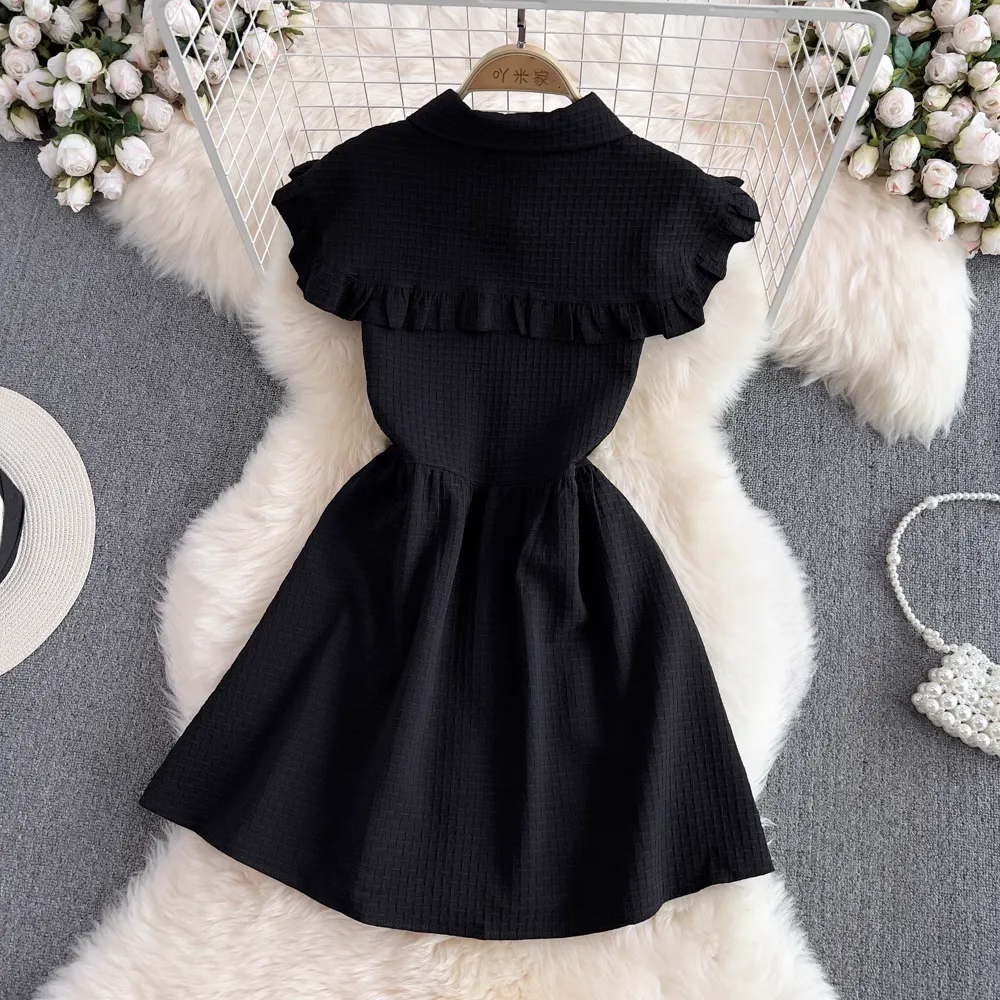 Summer Black Chic Ruffled A Line Dress Sleeveless Skirt 1285