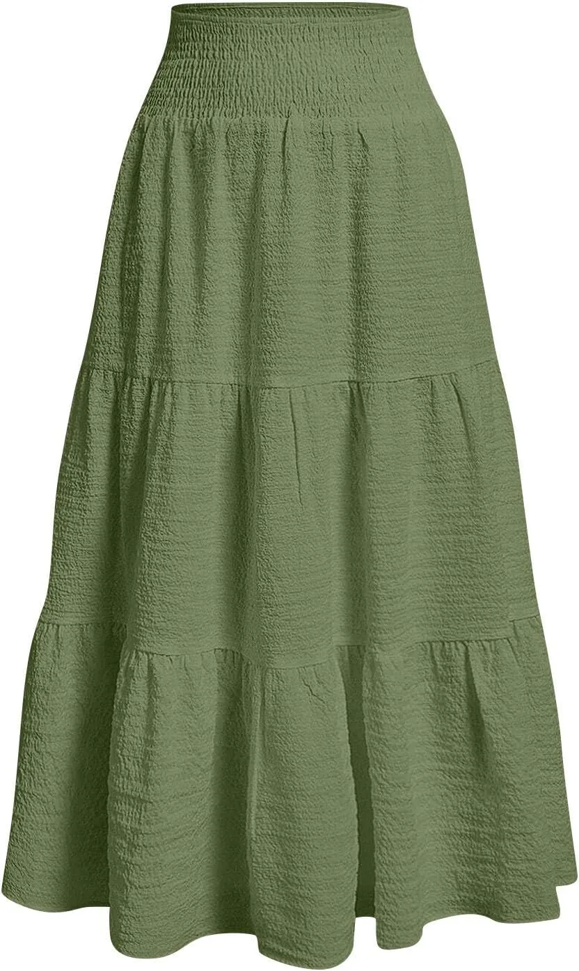 Summer Skirts for Women 2025 Vacation Elastic High Waisted Linen Maxi Skirt Casual Summer Beach Cover Up Skirts