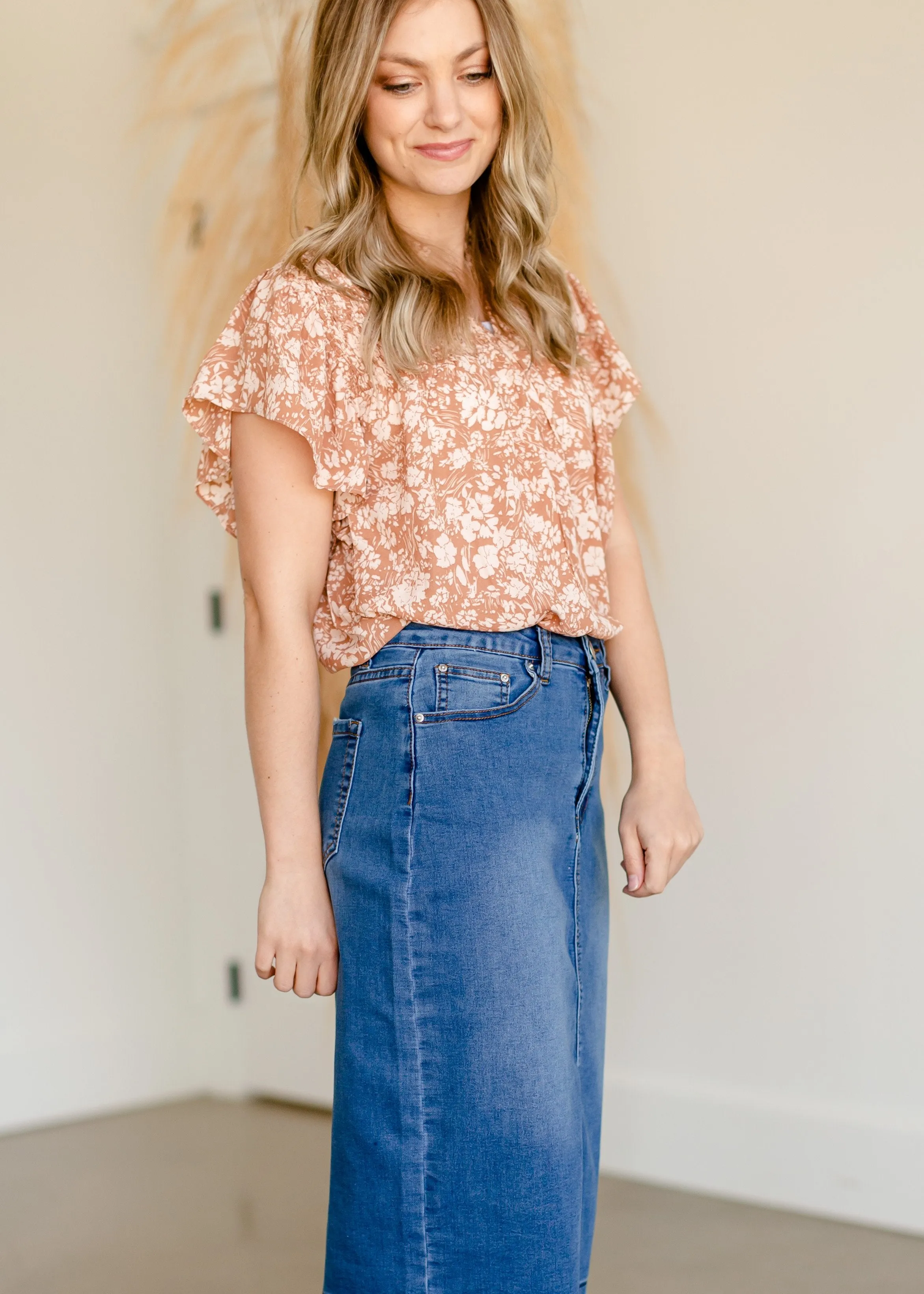 Taupe Floral Ruffle Printed Top - FINAL SALE