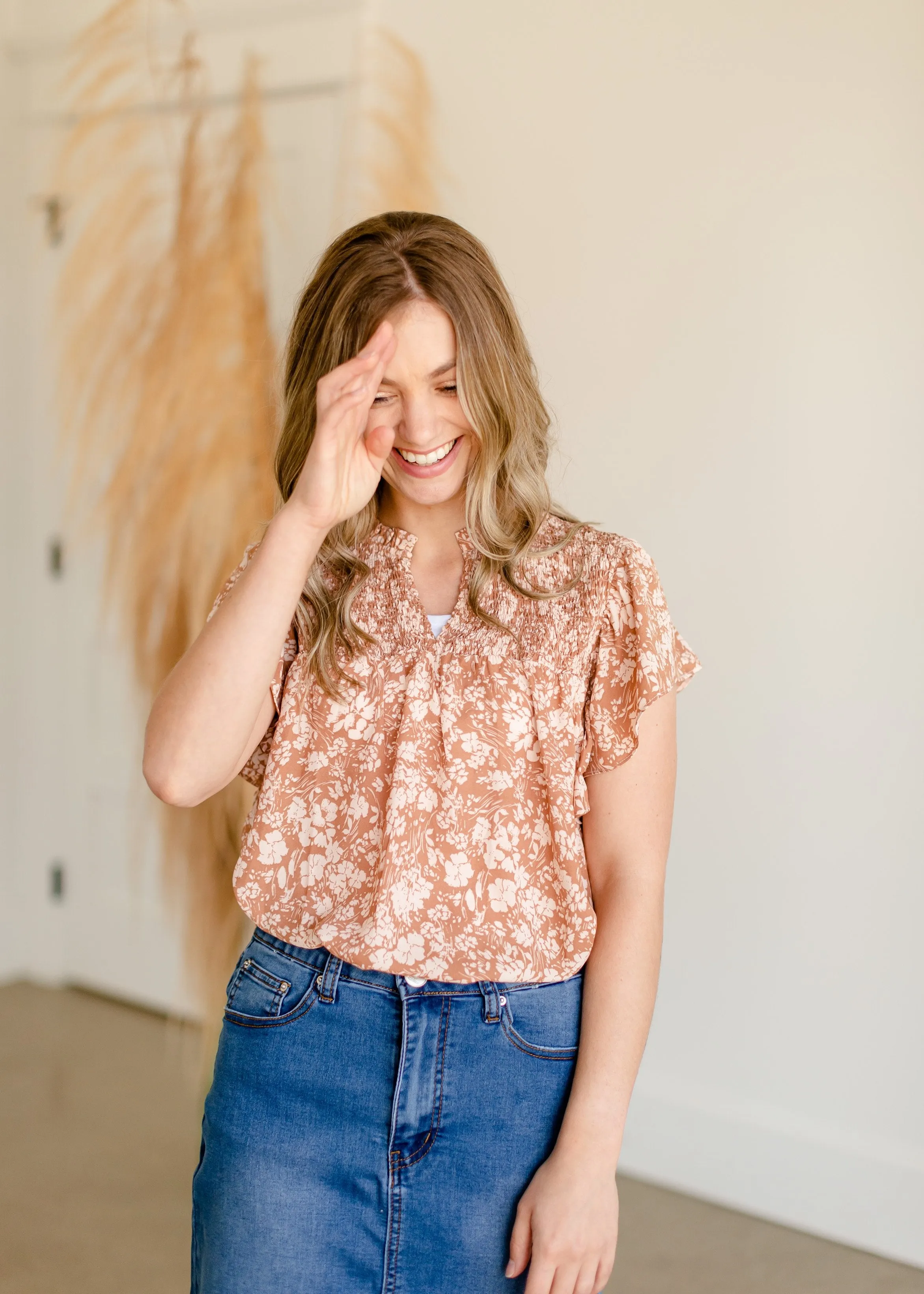Taupe Floral Ruffle Printed Top - FINAL SALE