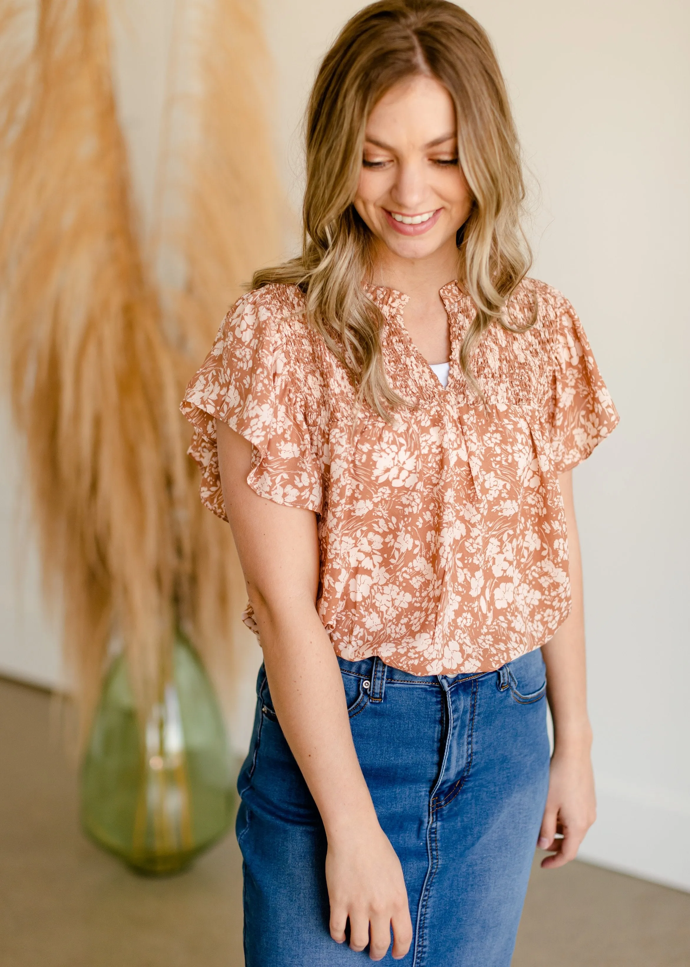 Taupe Floral Ruffle Printed Top - FINAL SALE