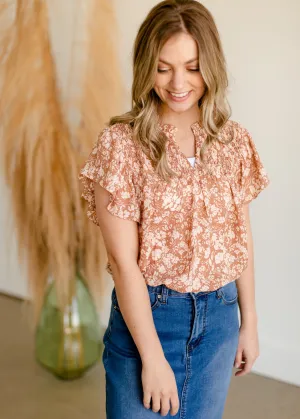 Taupe Floral Ruffle Printed Top - FINAL SALE
