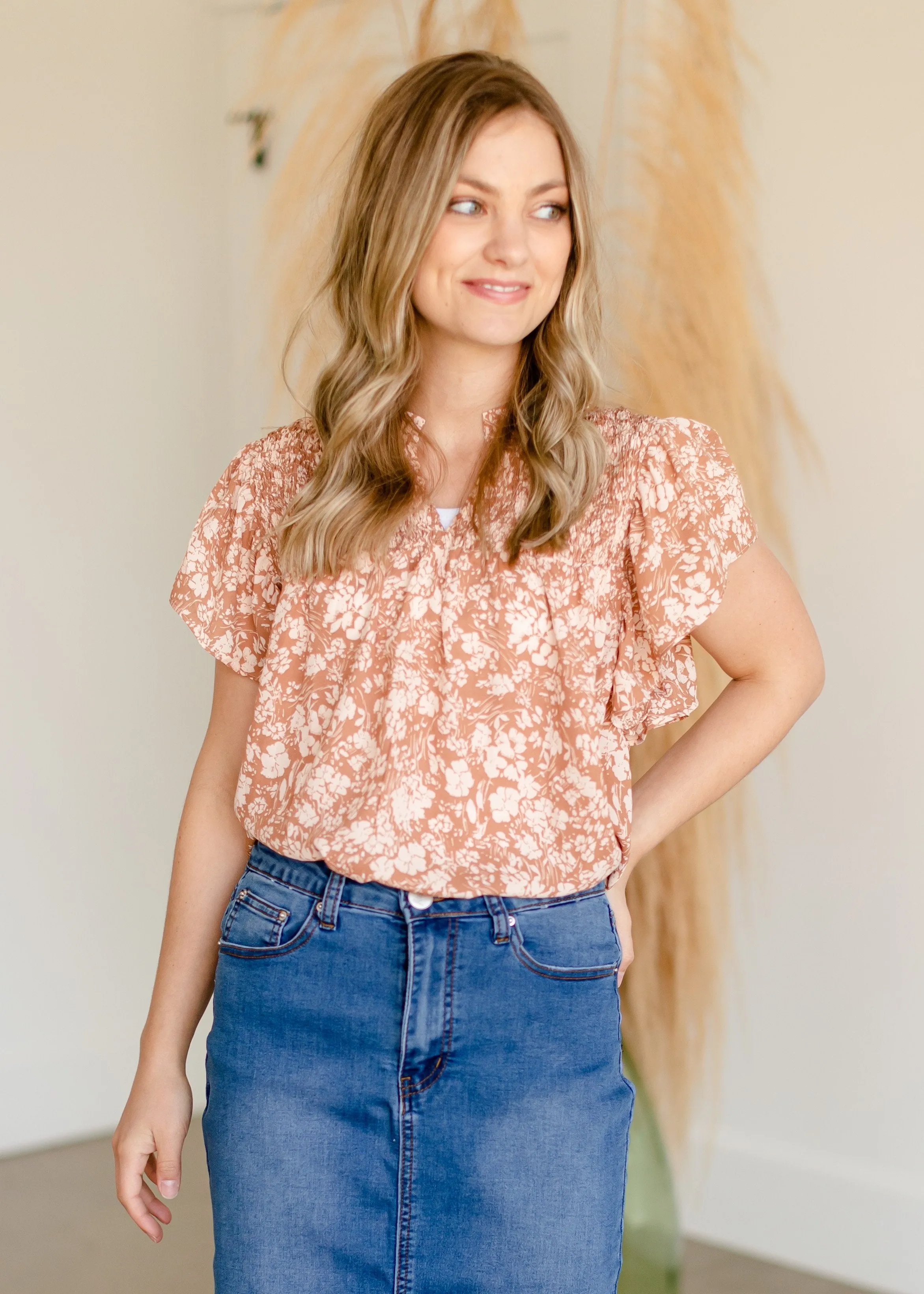 Taupe Floral Ruffle Printed Top - FINAL SALE