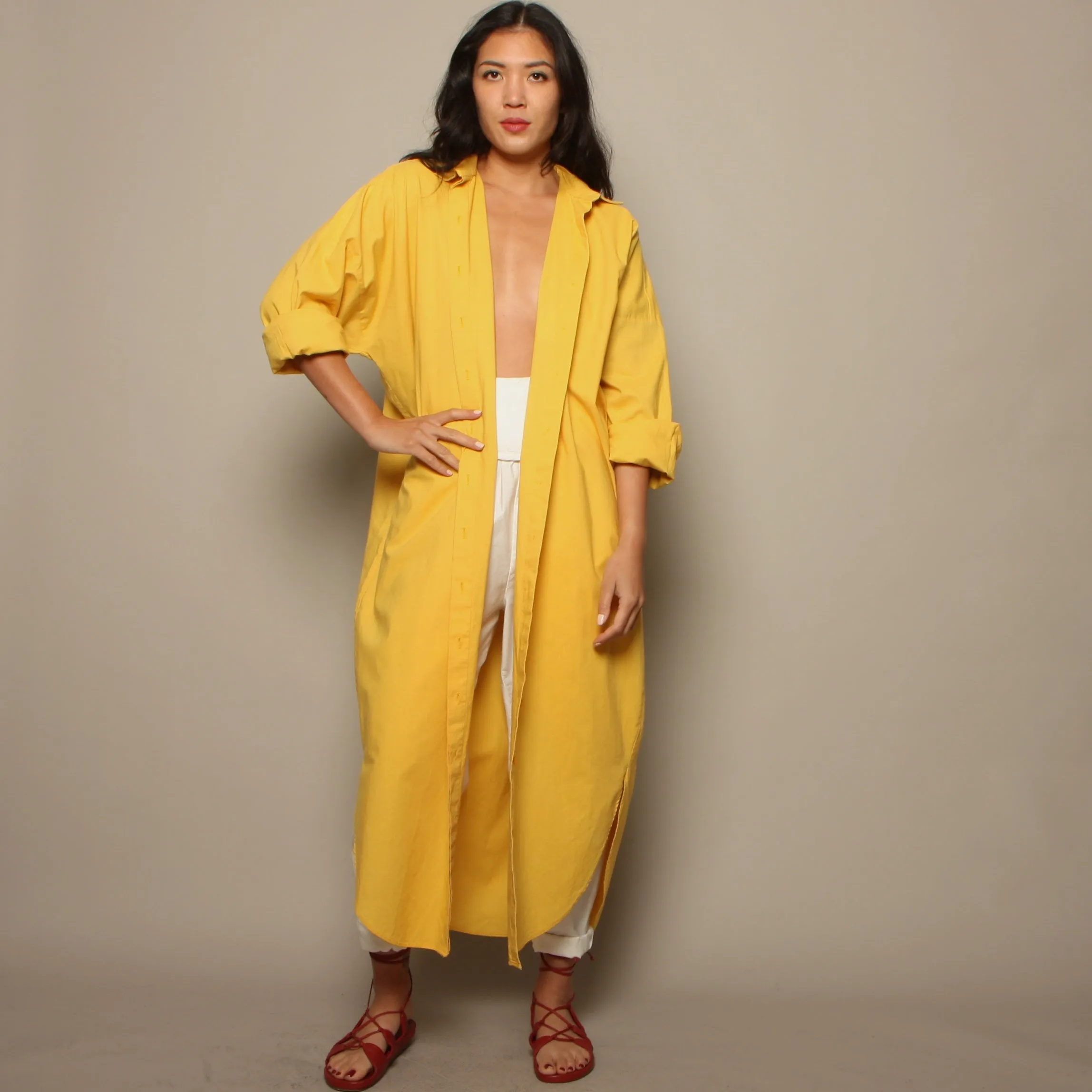 Vintage 80's Norma Kamali Canary Yellow Cotton Shirt Dress