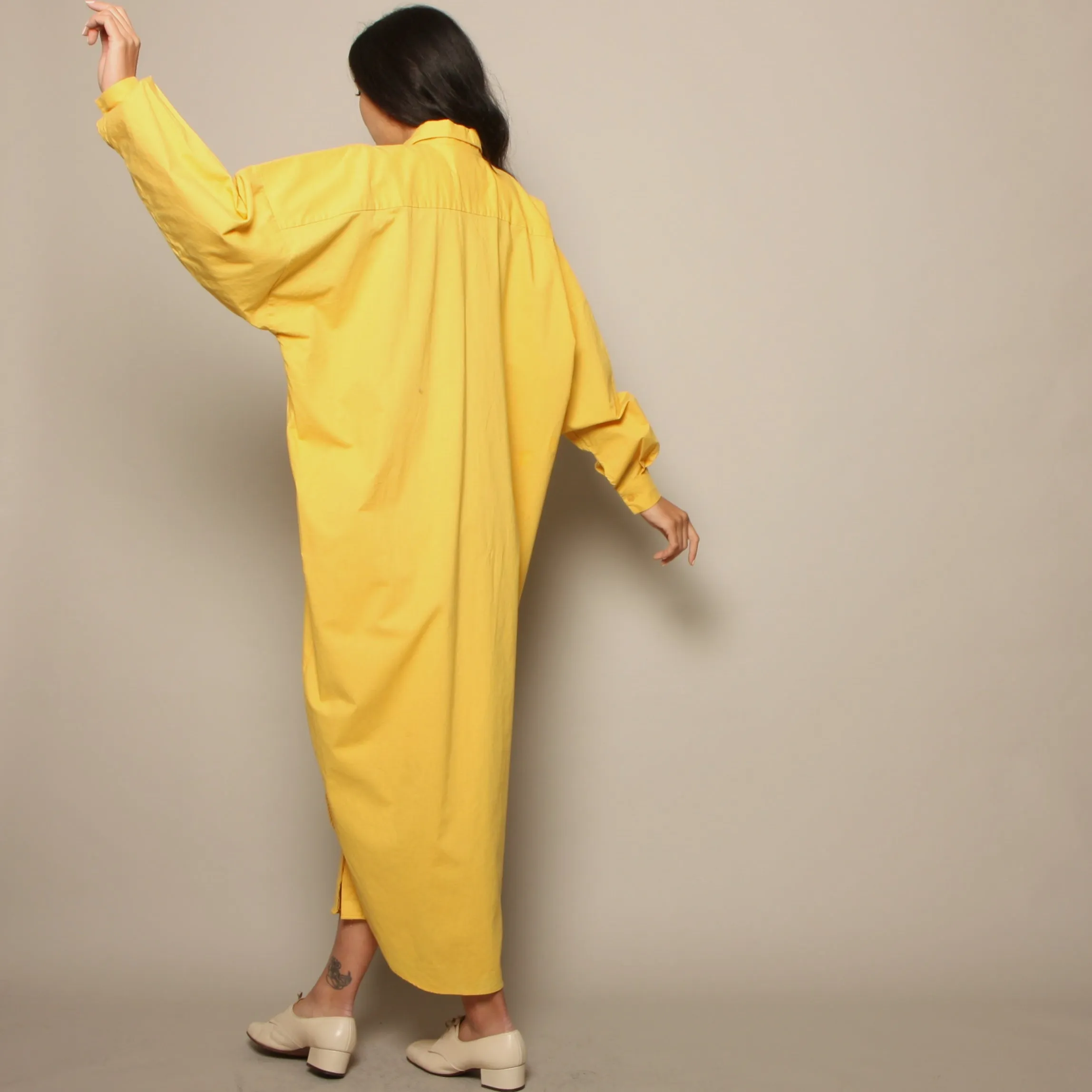 Vintage 80's Norma Kamali Canary Yellow Cotton Shirt Dress