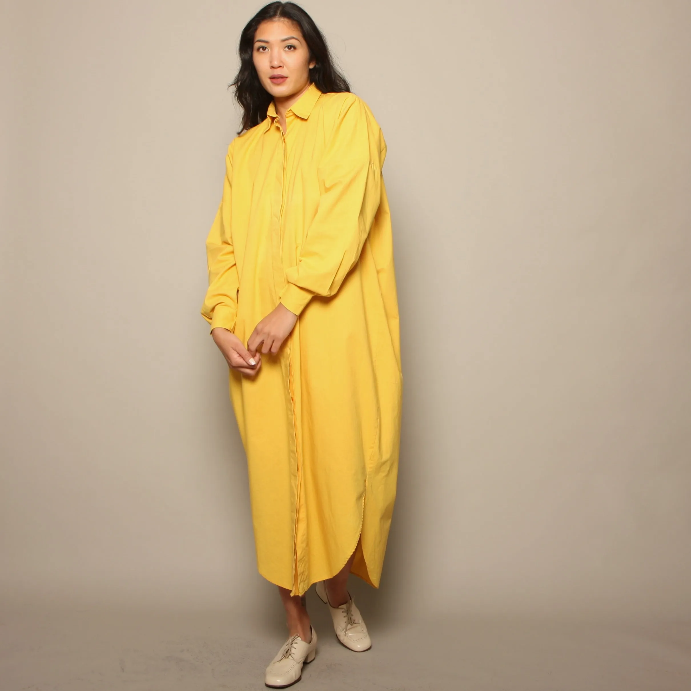 Vintage 80's Norma Kamali Canary Yellow Cotton Shirt Dress