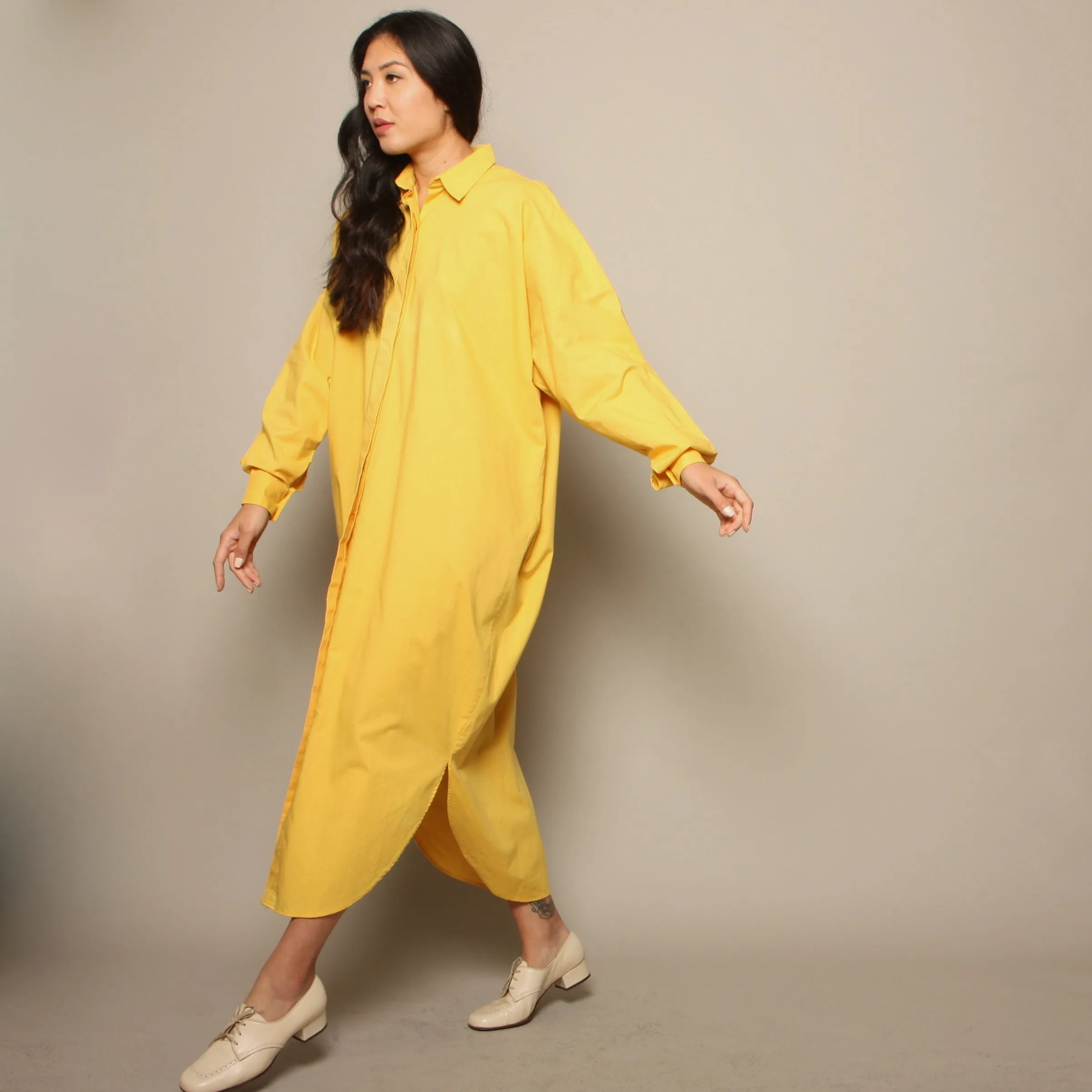 Vintage 80's Norma Kamali Canary Yellow Cotton Shirt Dress