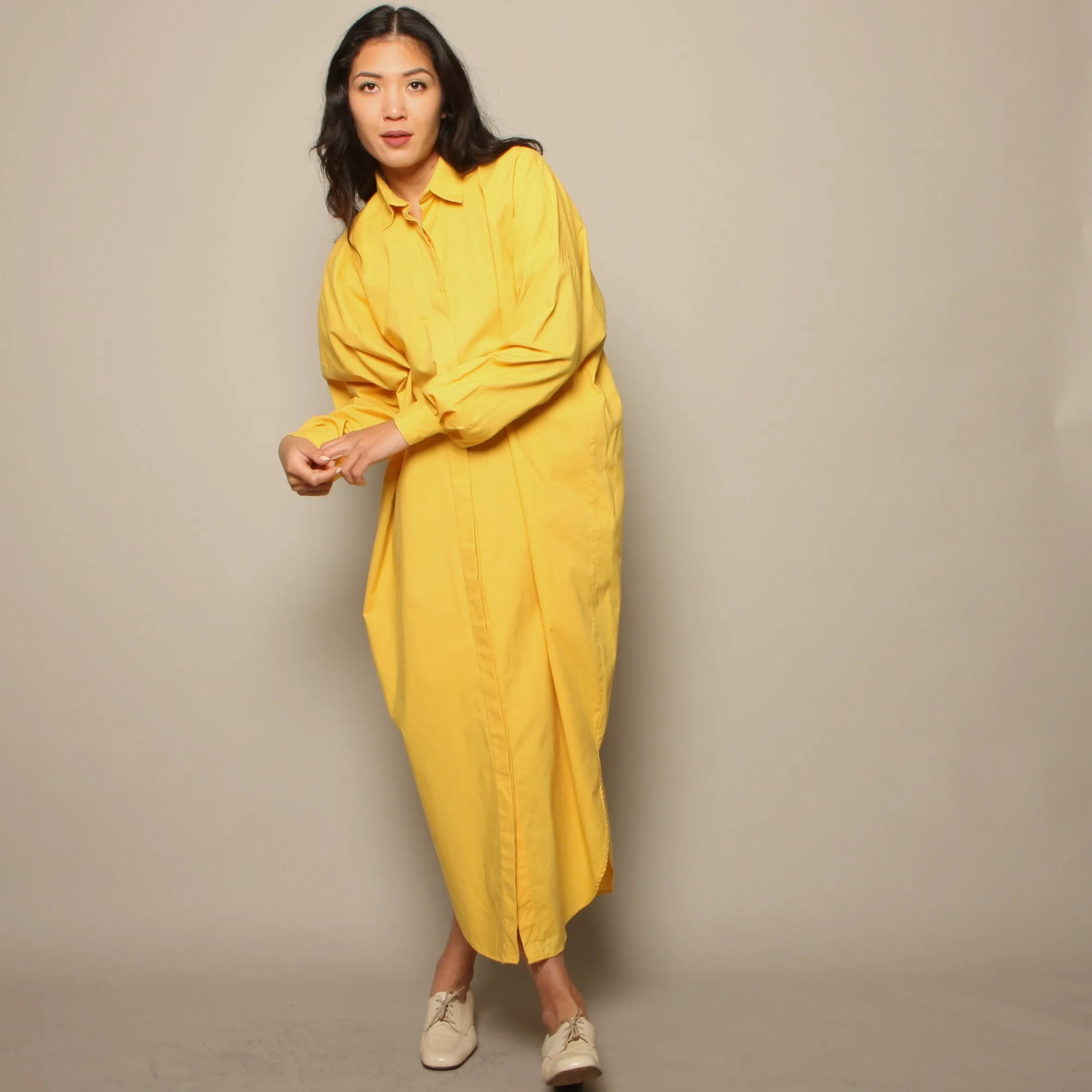 Vintage 80's Norma Kamali Canary Yellow Cotton Shirt Dress