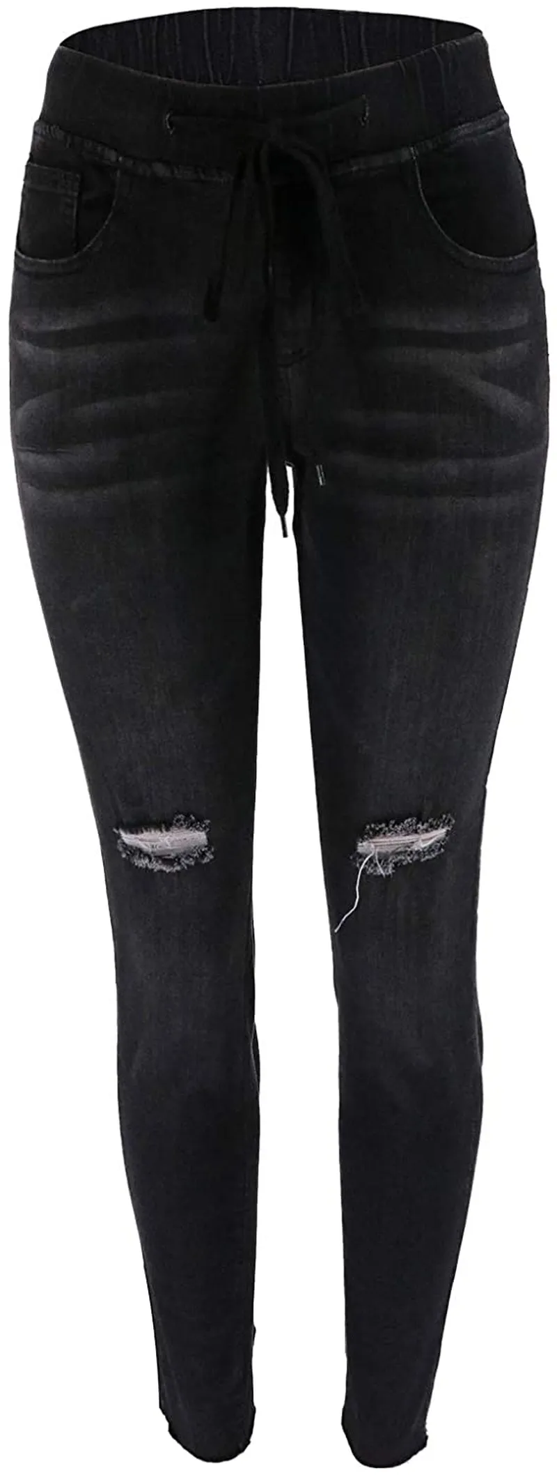 Weigou Women Hole Ripped Jeans Distressed Drawstring Elastic Waist Stretch Skinny Pants Jeans Women