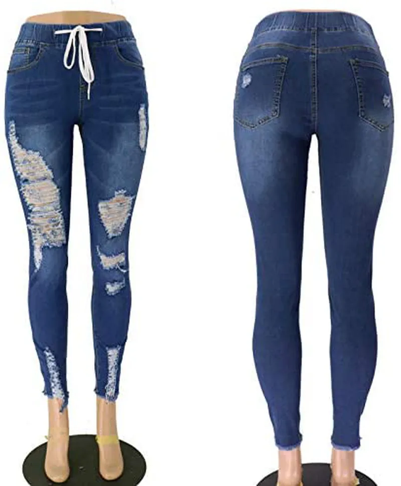 Weigou Women Hole Ripped Jeans Distressed Drawstring Elastic Waist Stretch Skinny Pants Jeans Women