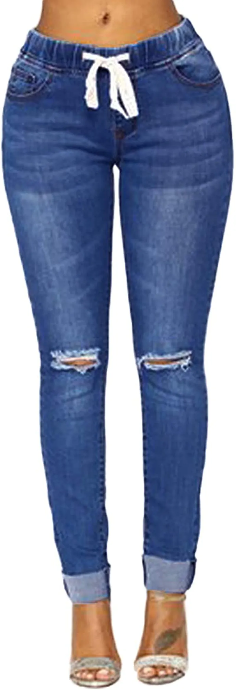 Weigou Women Hole Ripped Jeans Distressed Drawstring Elastic Waist Stretch Skinny Pants Jeans Women