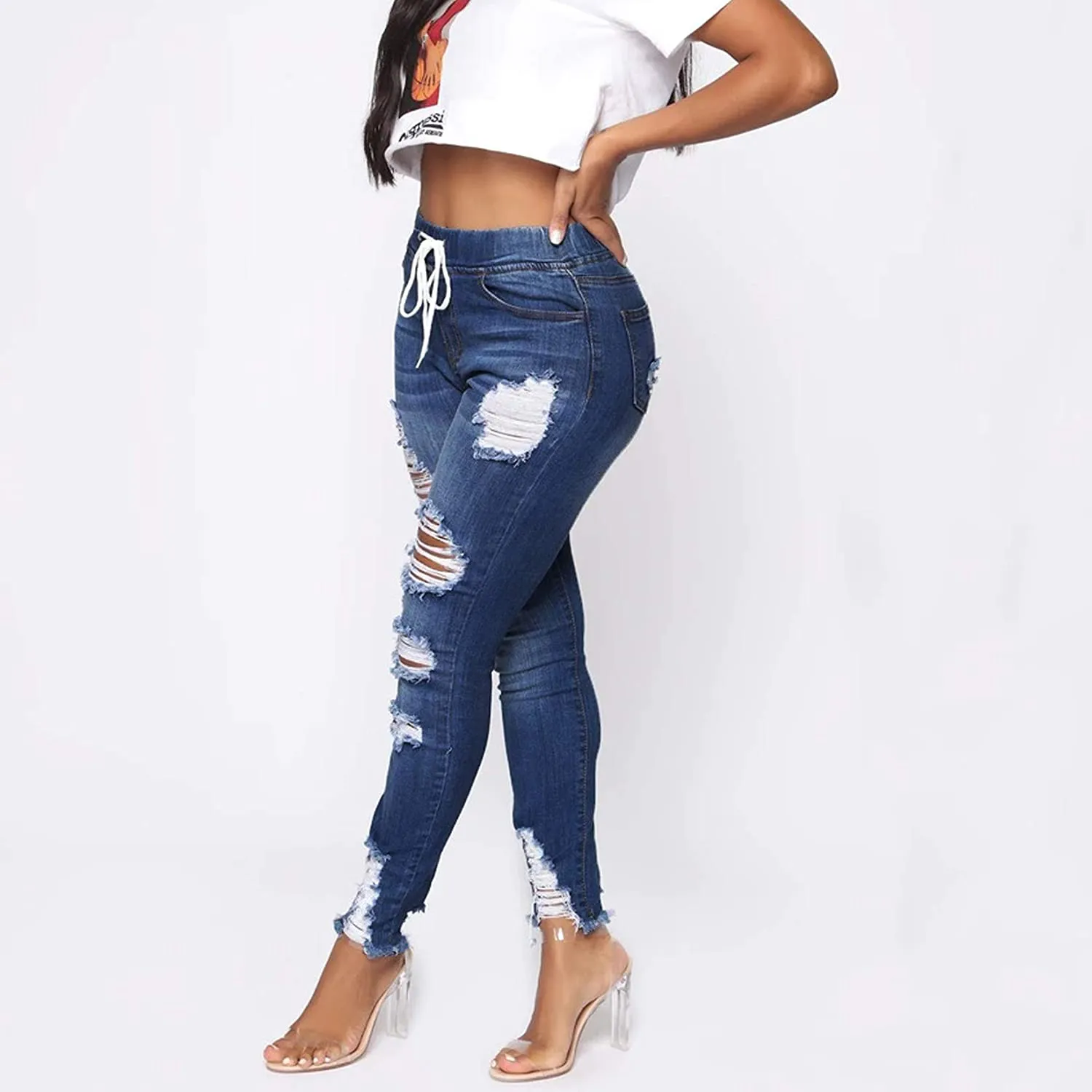Weigou Women Hole Ripped Jeans Distressed Drawstring Elastic Waist Stretch Skinny Pants Jeans Women