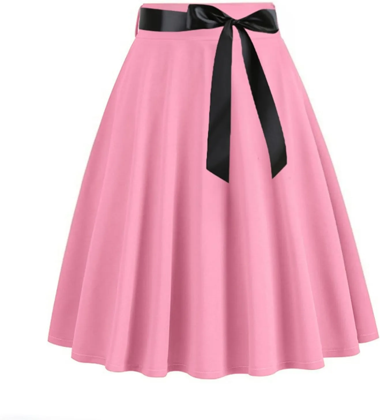 Women Knee Length 50s Retro Skirts Vintage Hepburn Rockabilly Skirts High Waist Flared A-Line Swing Skirt with Belt