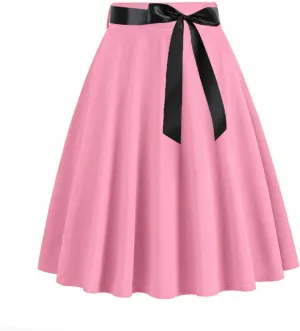 Women Knee Length 50s Retro Skirts Vintage Hepburn Rockabilly Skirts High Waist Flared A-Line Swing Skirt with Belt