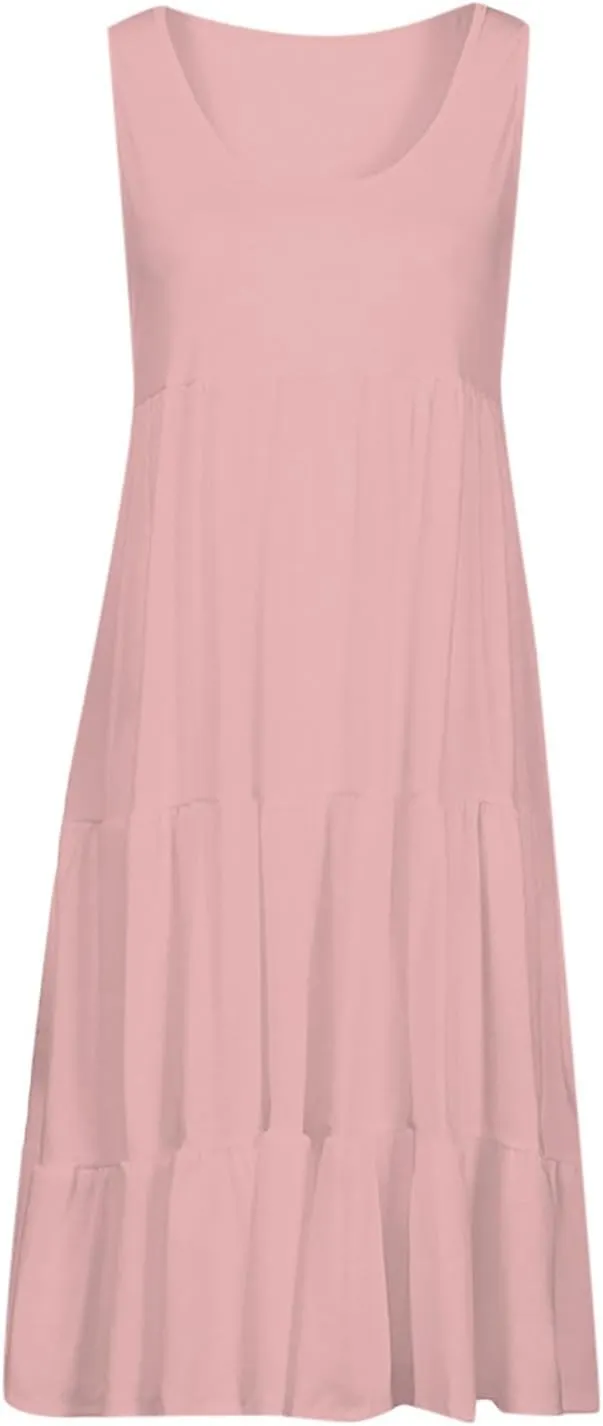 Women Summer Dresses 2025 Sleeveless Casual Loose Swing Midi Dress with Pockets Boho Beach Vacation Sundress