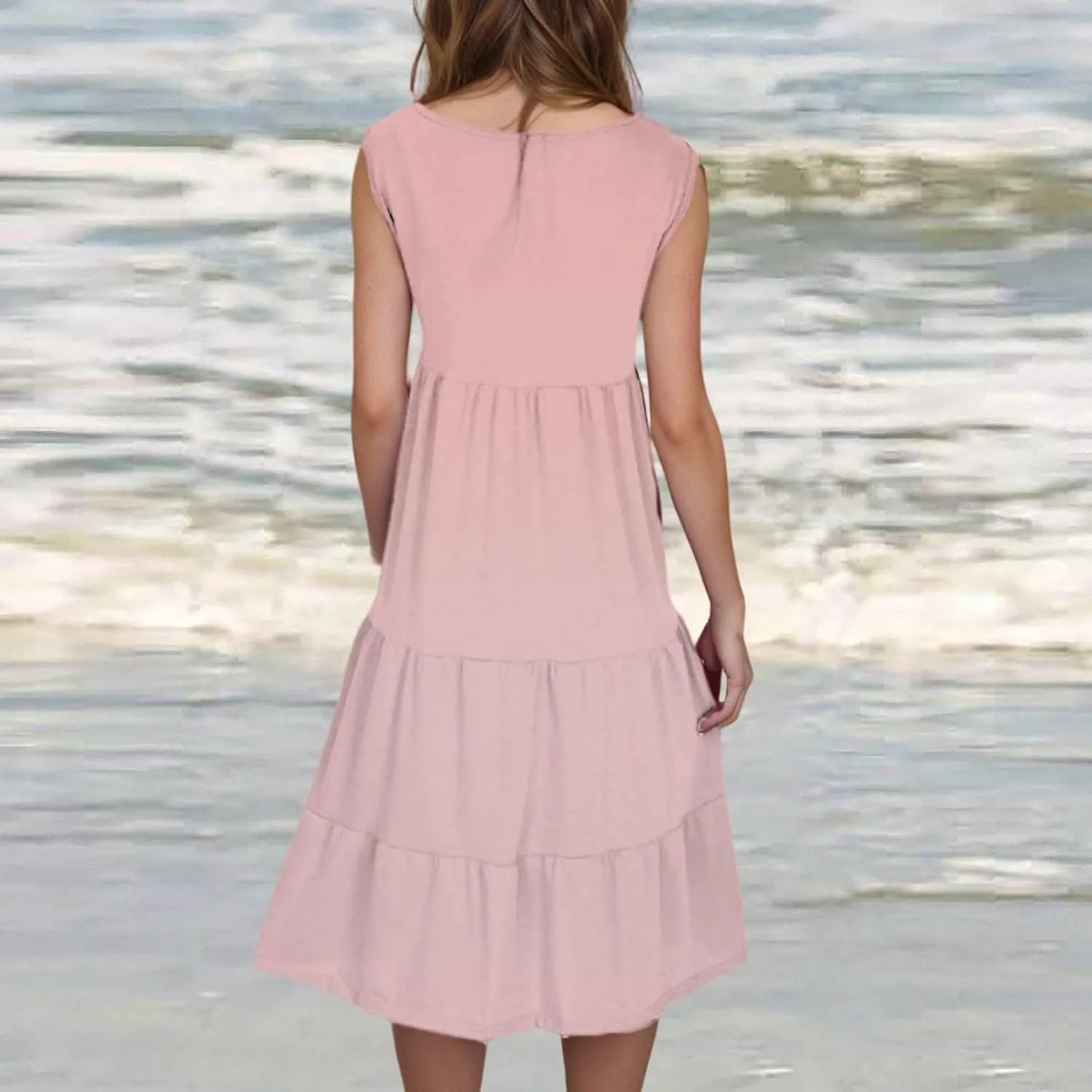 Women Summer Dresses 2025 Sleeveless Casual Loose Swing Midi Dress with Pockets Boho Beach Vacation Sundress