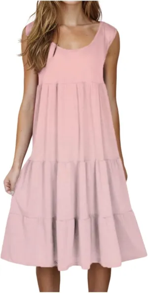 Women Summer Dresses 2025 Sleeveless Casual Loose Swing Midi Dress with Pockets Boho Beach Vacation Sundress