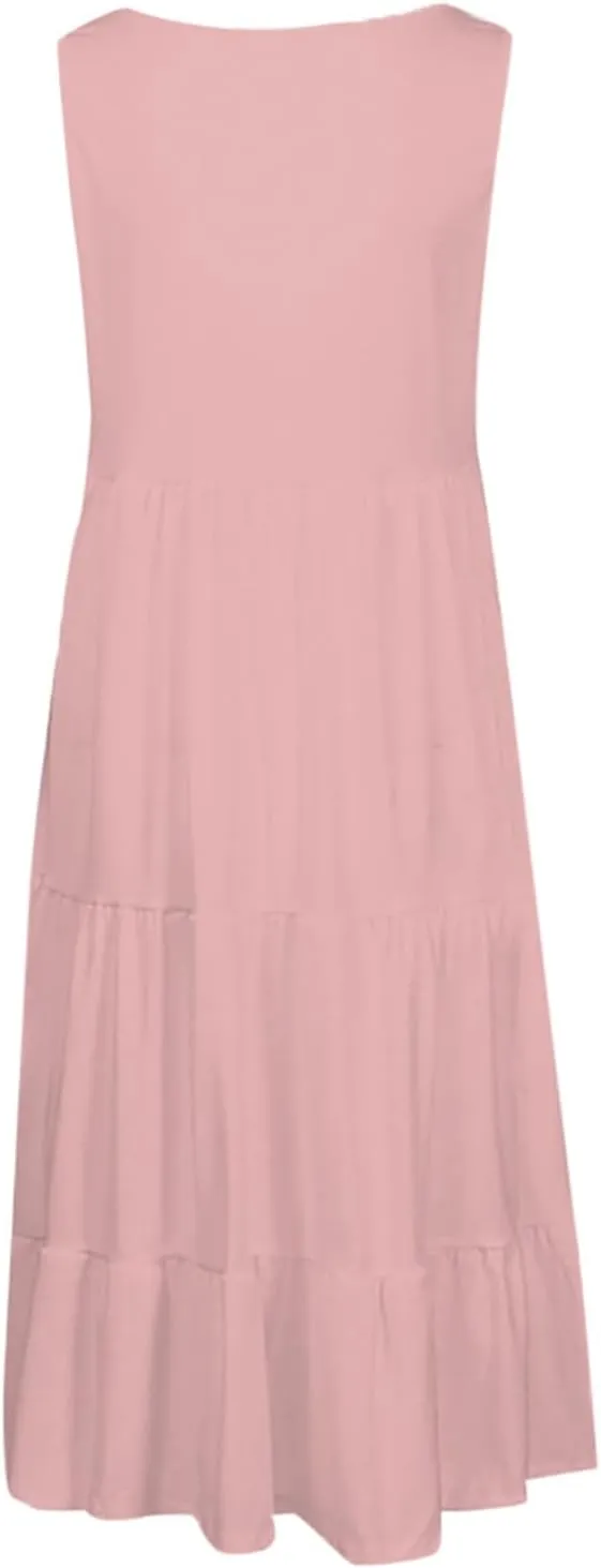 Women Summer Dresses 2025 Sleeveless Casual Loose Swing Midi Dress with Pockets Boho Beach Vacation Sundress