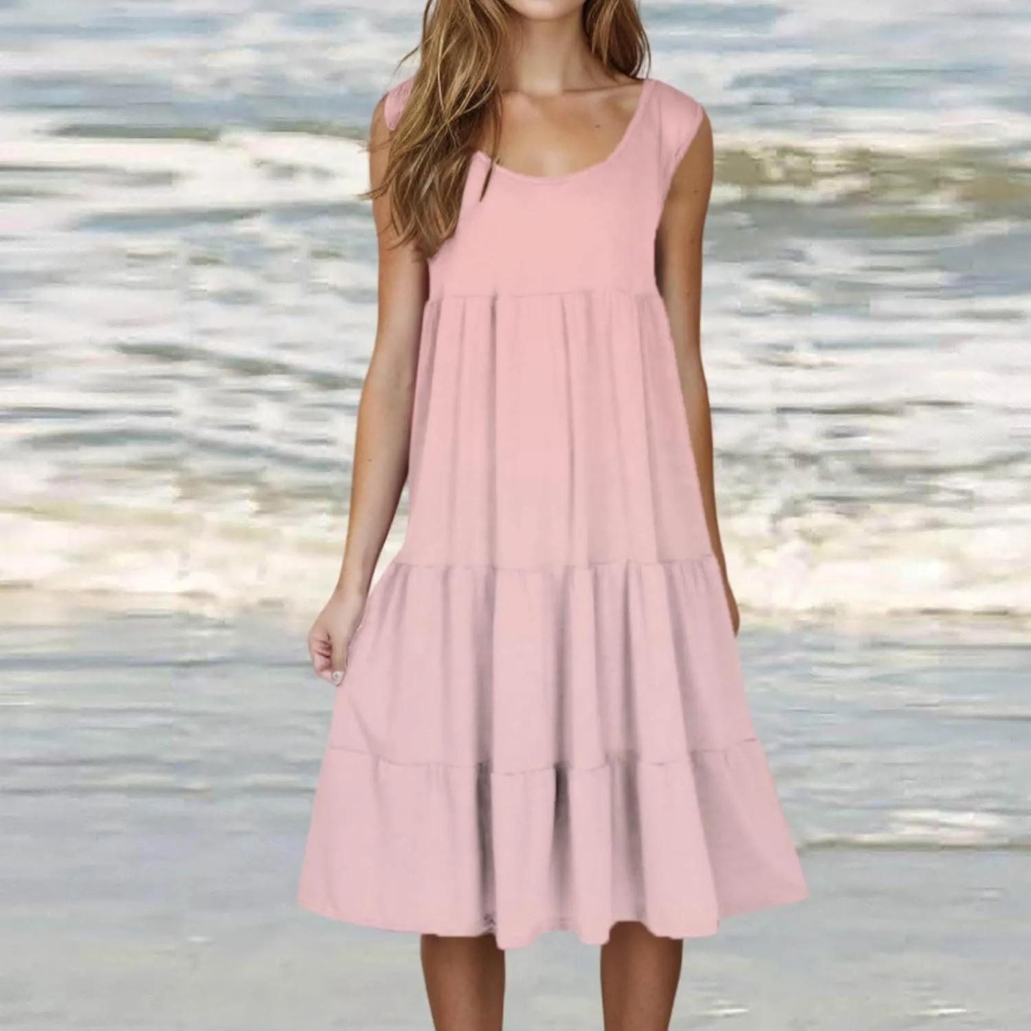 Women Summer Dresses 2025 Sleeveless Casual Loose Swing Midi Dress with Pockets Boho Beach Vacation Sundress