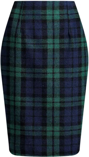 Women's Midi Wool Pencil Skirt Knee Length Elastic Waist Skirt Plaid Work Business Mini Skirts with Slit Zipper