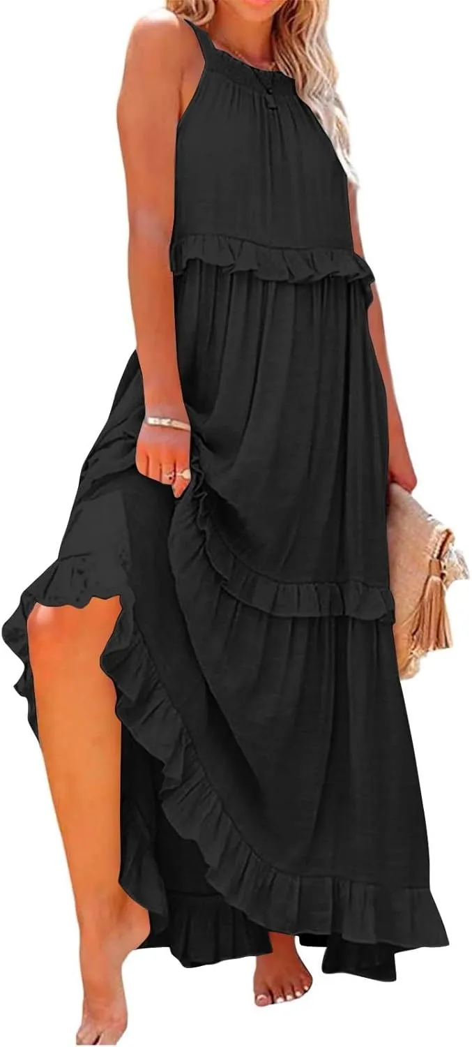 Women's Sundresses 2025 Summer Casual Loose Trendy Sleeveless Solid Color Flowy Maxi Beach Dress, S-2XL